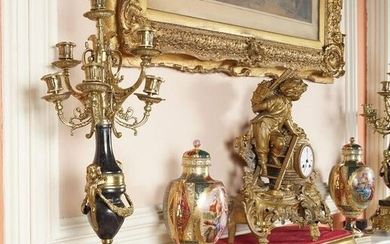 PAIR OF LARGE 4 BRANCH BRASS & MARBLE CANDELABRAS