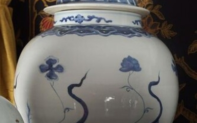 PAIR OF LARGE BLUE AND WHITE TEMPLE JARS
