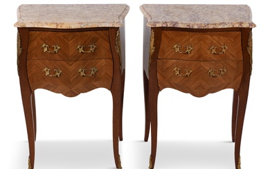PAIR OF LOUIS XV STYLE BRASS MOUNTED TULIPWOOD PETITE COMMODES 28 x 21 x 15 in. (71.1 x 53.3 x 38.1 cm.)