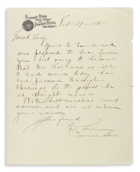 PAWNEE BILL TO BUFFALO BILL LILLIE, GORDON WILLIAM ("PAWNEE BILL"). Brief Autograph Letter...