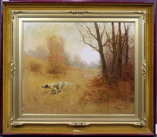 Paesaggio con cane da caccia, olio su tela, cm 54x65, entro cornice, (difetti), Federico Rossano (1835 - 1912)