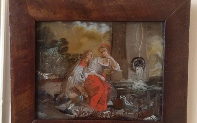 Painting, Pastoral Scene - Reverse glass painting - so called ‘verre églomisé’ - Oil paint on glass - 18th century