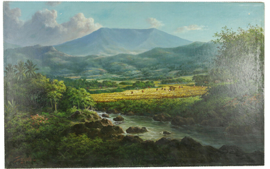 Paintings, engravings, etc. - Soekardji (1880-1950), Indonesian landscape with figures, oil on canvas, signed - 71 x 112 cm