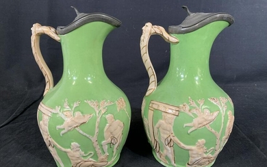 Pair Vintage Ceramic Metal Lidded Pitchers