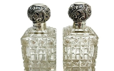 Pair Charles May & Sons Sterling Silver & Cut Glass Scent Perfume Bottles, 1899