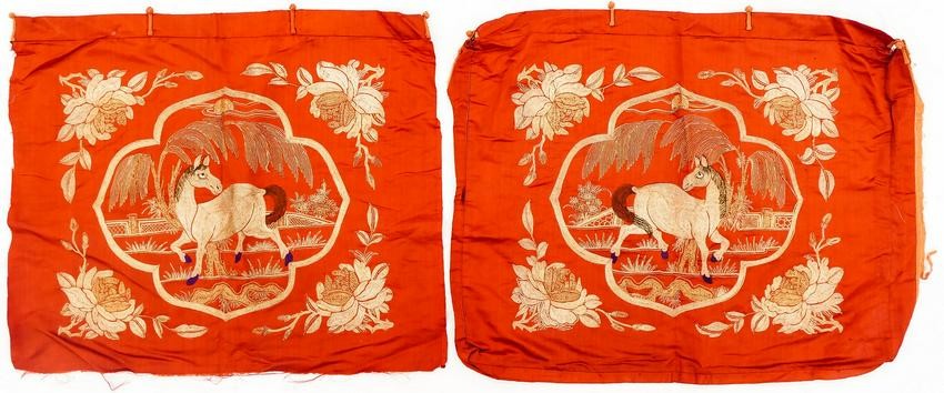 Pair Chinese Silver Thread Horse Silk Pillow Covers