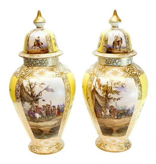 Pair Dresden Augustus Rex Porcelain Urns