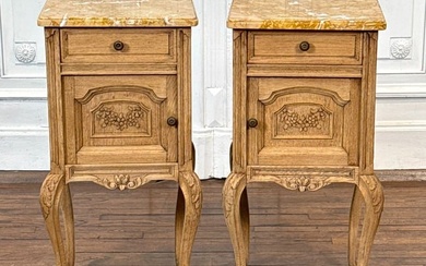 Pair French Oak & Marble Night Stands