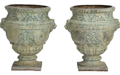 Pair Georgian Style Lion Mask Bronze Garden Urns