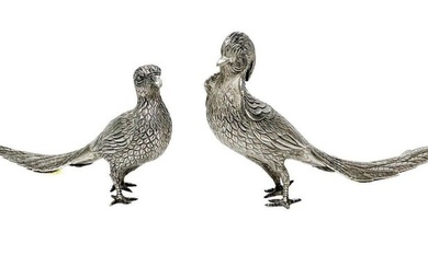 Pair LG Mexico Solid Sterling Silver Figural Pheasants Birds c. 1970