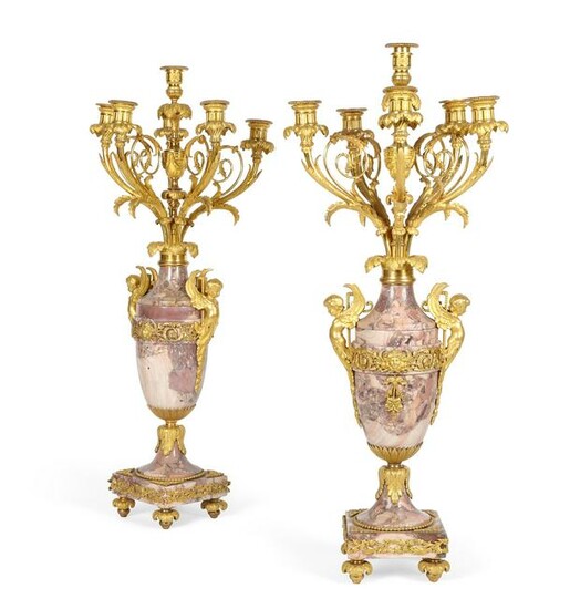 Pair Louis XVI style bronze & marble candelabra
