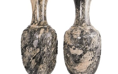 Pair Of Large Oriental Carved Marble Vases