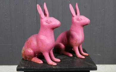 Pair Paint Decorated Cast Iron Rabbits
