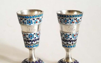 Pair of 19th C. Russian 84 Silver & Enamel Cups
