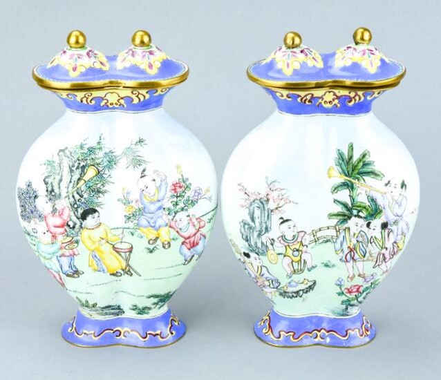 Pair of Antique Chinese Cantonese Enamel Vases