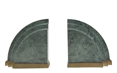 Pair of Art Deco Brass and Green Marble Bookends.