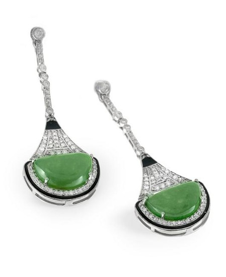 Pair of Art Deco-Style Diamond and Jade Earrings