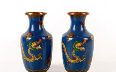 Pair of Chinese Blue Cloisonne Enamel Dragon Vases