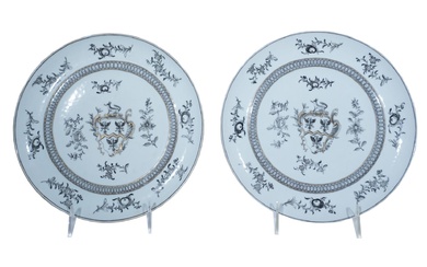 Pair of Chinese Export Grisaille and Gilt Decorated Armorial Dishes, Qianlong Period (1736-1795)