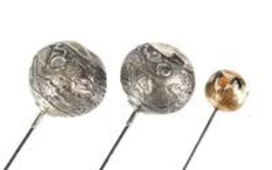Pair of Chinese silver hat pins and a Japanese Satsuma
