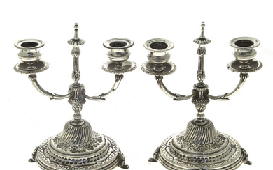 Pair of Egyptian Silver Two Light Candelabras, 20th Century.