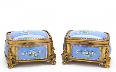Pair of French Gilt Bronze and Painted Enamel Boxes
