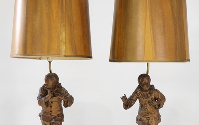 Pair of French spelter harlequin table lamps, signed Eutrope Bouret,...