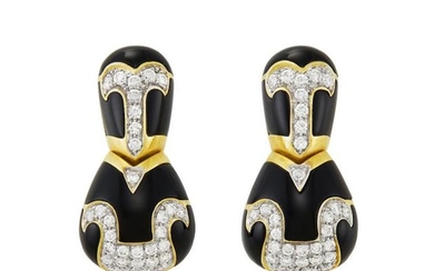 Pair of Gold, Black Onyx and Diamond Pendant-Earclips