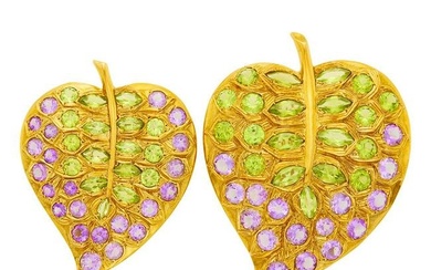 Pair of Gold, Peridot and Amethyst Leaf Clip-Brooches
