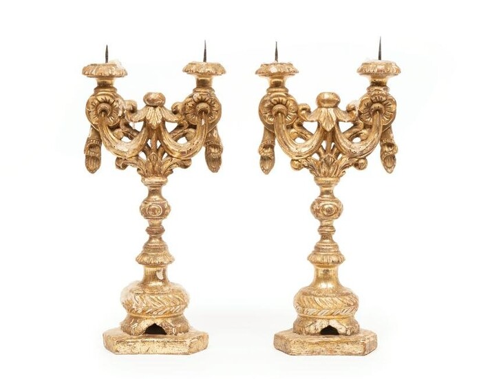 Pair of Italian Giltwood Two-Light Prickets