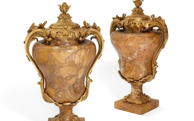 Pair of Louis XV style gilt bronze & marble urns