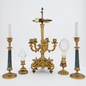 Pair of Louis XVI Style Green Marble and Gilt-Metal Candlestick Lamps; Together with a Continental Renaissance Style Five-Light Candelabra Lamp and Two Molded Glass and Gilt-Metal Newel Post Finials