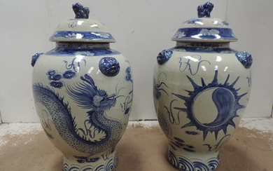 Pair of Oriental Blue & White Covered Vases Embossed...