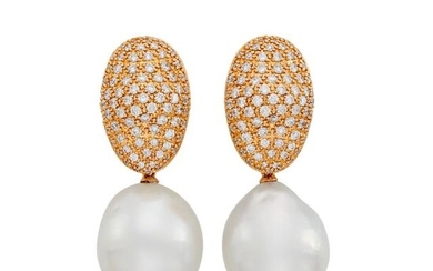 Pair of Rose Gold, Diamond and Semi-Baroque South Sea Cultured Pearl Pendant-Earrings