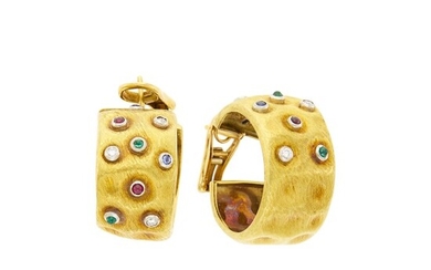 Pair of Two-Color Gold, Diamond and Cabochon Colored Stone Hoop Earrings