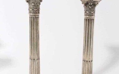 Pair of Victorian silver Corinthian column candlesticks with fluted columns, candle holders with acanthus leaf decoration, separate sconces with beaded borders