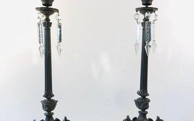Pair of bokkenpoot candlesticks on black marble base finished with (2) - Napoleon III Style - Bronze, Crystal, Marble - Late 19th century