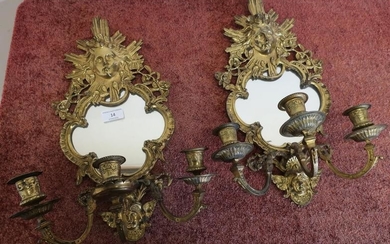 Pair of gilt metal three branch candelabra wall mirrors,...
