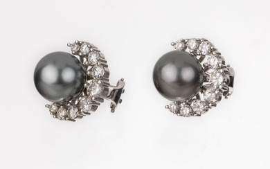 Pair of pearl-brilliant-earrings , WG 585/000, 2 tahitian pearls, diam....