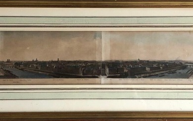 PANORAMA de la ville de Paris Gravure mise en couleurs en quatre parties. 11 x...