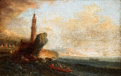 "Paysage marin animé au phare", huile peinte sur carte à jouer au 9 de trèfle,...