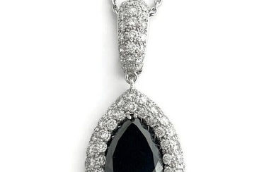 Pear Black White Diamond Teardrop Pendant Necklace 18K White Gold, 20.05 Grams