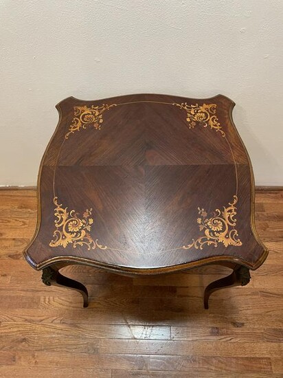 Petite French Inlaid Side Table w Gold Ormolu