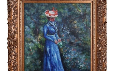 Pierre Auguste Renoir "Woman in a Blue Dress, Standing in the Garden of St. Cloud" Oil Painting