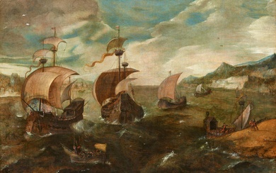 Pieter Brueghel the Younger, circle of - War Ships off the Coast