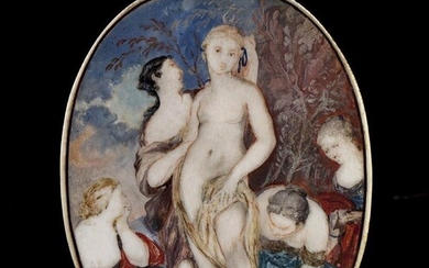 Plaque italienne en ivoire et écaille représentant Diane se baignant avec ses nymphes - XVIIIe...