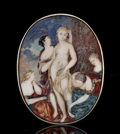 Plaque italienne en ivoire et écaille représentant Diane se baignant avec ses nymphes - XVIIIe...