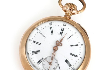 Pocket watch of 14k gold. Lever escapement and crown winding. White enamel...