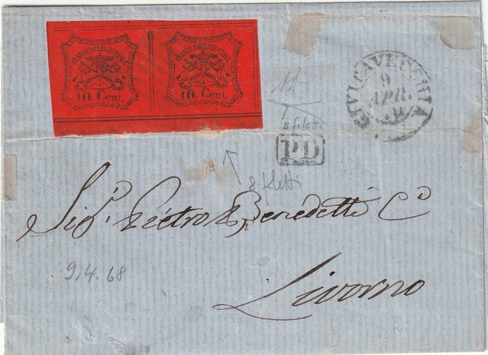 Pontifical State 1867 - 10 cent pair, a piece 8 fillets on letter from Civitavecchia to Livorno - Sassone N. 17
