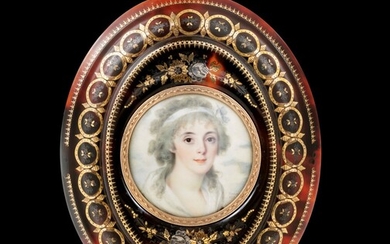 Portrait of a woman in bust, miniature on ivory, Louis Marie Sicardi, France, 1792 | Portrait de femme en buste, miniature sur ivoire par Louis Marie Sicardi, France, 1792